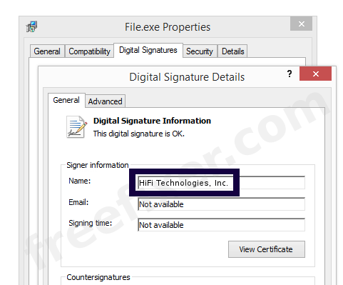 Screenshot of the HiFi Technologies, Inc. certificate